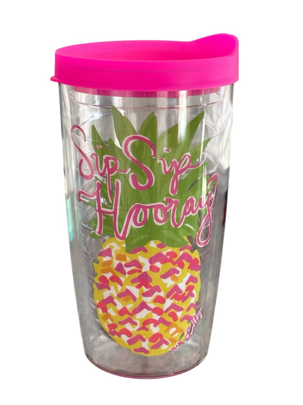 Lilly Pulitzer Pink-Lid‎ Pineapple "Sip Sip Hooray" Beach Pool Reusable Tumbler